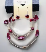 Vintage Monet Gold Tone Red Lucite Stone Necklace With Hook Drop Earrings