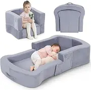 whiffee Toddler Travel Bed, 2-in-1 Foldable Toddler Floor Bed Sofa Chair, Portable & Lightweight Toddler Travel Cot, Kids Travel Bed with Washable Covers & Carrying Handle Grey