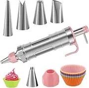 FwQoFvk 18 Pcs Dessert Decorating Syringe Set with 6 Nozzles, Stainless Steel Cake Decorating Syringe Set, Cupcake Filling Injector Kit for Cake Cookie Dessert 36.6x12.5x7 CM (Pink)