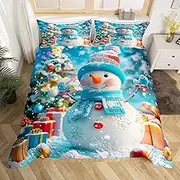 Merry Christmas Duvet Cover Set Queen Size,Snowflake Cartoon Snowman Bedding Set Kids Boys Girls Room Decor,Christmas Tree Comforter Cover 3Pcs,Xmas Theme Bedspreads Cover,2 Pillowcases(NO Comforter)