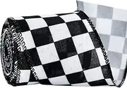 Wired Edge Ribbon, Plaid Check Burlap Ribbon, Wired Ribbon for Wrapping, Wreath Bows Making, Crafts Home Party Christmas Tree Decoration (Black White, 5 Yards/Roll)