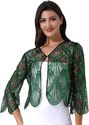 [Bciopll] Women's Sequins Hollow Lace Long Sleeve Shawl and Wraps Shrug Open Front Cardigan Jacket Bridal Wedding Wraps Cover Up