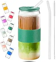 Heatunk 20oz Glass Tumbler with Silicone Lid and Sleeve - Reusable Iced Coffee Cup, Travel Water Bottle, Smoothie and Hot Tea Mug - Soda Can Design (Green)