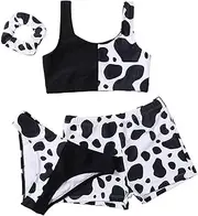 [COOLOYA] Girl's 3 Piece Bikini Set Cow Print Bathing Suit High Waist Swimwear with Shorts