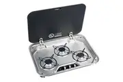 DOMETIC 3 BURNER COOKTOP FLUSH MT S/S C/W GLASS LID & 12V IGN (560 x 440MM). 9600027607