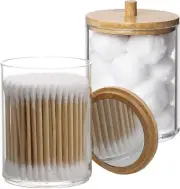 Qtip Holder Apothecary Jars Bamboo Lids with Mirror, Cotton Ball Swab Pa