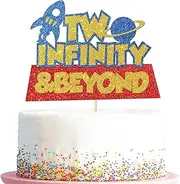 Two Infinity And Beyond Cake Topper, Outer Space Buzz Theme 2 Years Old Birthday Cake Picks for Boys Girls, Rocket Sign Galaxy Light Year Inspried Happy 2nd Birthday Party Supplies, Blue&Gold&Red