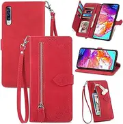 [JayModCase] Mobile Phone Case for Samsung Galaxy A70 / Galaxy A70S, PU Leather Magnetic Closure Mobile Phone Case, with Zip Pocket, Stand, Card Slots Case Compatible with Galaxy A70 / Galaxy A70S - Red