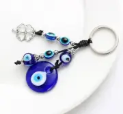 Evil Eye Greek Mati Nazar Key Ring Blue Glass 4 Four Leaf Clover Luck Protection