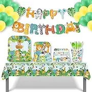 Jungle Safari Animal Birthday Party Supplies, 115PCS Jungle Animals Baby Shower Decorations, Tableware, Invitations