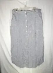 St. Tropez West 100% Linen Maxi Skirt Large Button Front Pockets Striped Coastal
