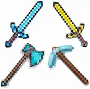 4 Pack - Pixel Diamond Inflatable Pixel Hatches, Swords, and Axes - Inflatable Weapon Action Figure Accessory, Minecraft Video Game Costume Prop