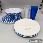 HD Designs Outdoors Blue Checkered Picnic Ware, Platter, Bowls, Plates, Cups