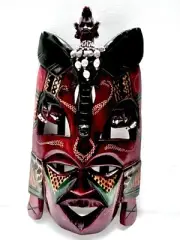African Mask Kenya Handmade Maasai Mare wood 11x 8.5” Beaded Detail