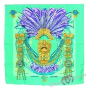 HERMES MEXIQUE Carre 90 Green Silk Scarf W/Tags Unused.