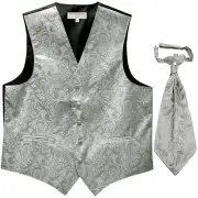 New Men's Paisley Tuxedo Vest Waistcoat & Ascot Cravat Wedding Prom Silver