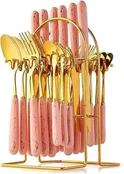 SHENMAIDAY 24 Pieces Stainless Steel Cutlery Set, Modern Kitchen Utensil Set, Steak Knife/Fork/Spoon/Coffee Spoon Combination Cutlery with Hanging Storage Rack for Home and Restaurant (Pink)