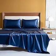 Ultra Soft Sheet Set,100% Soft Luxury Silky Satin, Fitted Sheet & Flat Sheet & 2 Pillowcases (Navy, Queen)