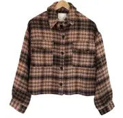 Altar'd State Shacket Jacket Womens S Brown Plaid Cropped Cozy Button Down Boxy