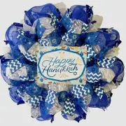 Happy Hanukkah Royal Blue and White Wreath Handmade Deco Mesh