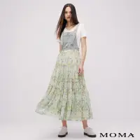 在飛比找momo購物網優惠-【MOMA】花卉拼接牛仔吊帶洋裝(淺綠色)