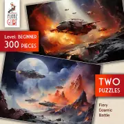 2 x JIGSAW PUZZLES 300pc ~ Fiery Cosmic Battle - dynamic sci-fi planets FG2042