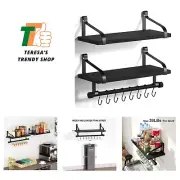 Floating Shelves - Set of 2, 17.3 Inch, Black with 8 Hooks and Towel Bar for ...