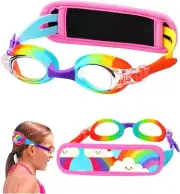 Vvinca Toddler Swim Goggles with Fabric Strap Cover, Rainbow Toddler Goggles 3-5