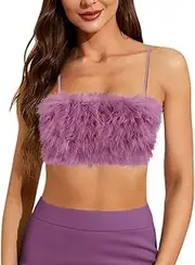 [Segreto] Women's Fuzzy Feather Crop Top Sexy Faux Fur Sleeveless Spaghetti Straps Bandeau Tank Tops Bra Y2K Party Club Vest, Pink Purple, Large