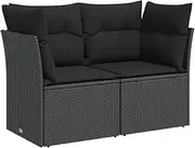 vidaXL Garden Sofa 2-Seater Black Poly Rattan Patio Couch with Cushions, Weather-Resistant Modular Outdoor Seating with Storage