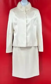 Valentino Boutique Silk Ivory Mink Fur Skirt Suit 2 Piece Set Made Italy Size 10