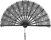 choyaxo Cotton Lace Folding Hand Fans Embroidered Flowers Pattern Handheld Fans for Costume Weddings Dancing Party DIY Bridal Hand Fan (Black)