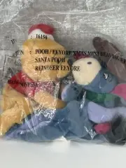 Christmas Winnie Pooh & Eeyore Santa & Reindeer Disney Bean Bag Plush NEW Sealed