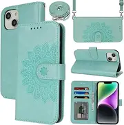 [Cavor] Crossbody Wallet for iPhone 13/ iPhone 14 6.1'' PU Leather Case Magnetic 3D Embossed Flower Women Flip Kickstand with Card Holder Shoulder Lanyard Protective Cover-Long Strap Flower Light Green