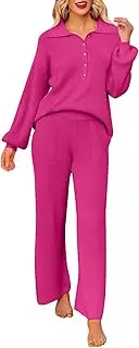 [TOLENY] Women 2 Piece Lounge Outfits Set Half Button Sweater Wide Leg Pant Loungewear Tracksuit