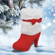 Women's Red Christmas Boots with Faux Fur Cuff and Bow Accent Winter Heeled Festive Footwear