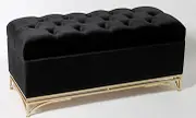 Sunny Décor Bed end Storage Tufted Velvet Bench with Gold Metal Legs in Classic Black 100cm x 41cm x 47cm Mid Century Modern