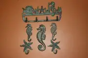 (6) Sealife Seahorse Starfish Bathroom Towel Wall Hooks Plaque, Blue Seas Set