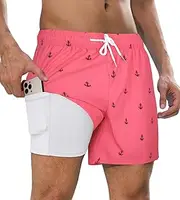 [SHEKINI] 5" Mens Swim Shorts with Compression Liner 2 in 1 Swim Trunks Quick Dry with Zipper Pockets Bathing Suit Surfing Stretchy Beach Shorts