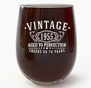 Vintage 1955 Etched 17oz Stemless Wine Glass – Happy 70th Birthday Gifts for Women Men, Cheers to Turning 70 Year Old Decorations Decor, 70th Bday Party Favors Supplies, Best Gift Ideas Her Woman 1.0