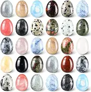 30 Pieces Worry Stones Egg Rock Crystal Gemstone Polished Mineral Rock Egg Stones Pocket Palm Chakra Crystal for Anxiety Relief Meditation Reiki Balancing Easter Decor(Classic Color)