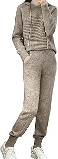 [Generic] Women's Winter Suit Merino Wool Hooded Pullover Tops Casual Sweatpants Knitted Two Piece Set