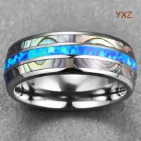 在飛比找蝦皮購物優惠-Yxz 8MM 寬鑲嵌貝殼藍色蛋白石鎢鋼男士戒指永不褪色訂婚