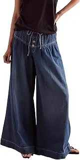 [Sukany] Women's Loose Wide Leg Denim Pants Midi Waist Drawstring Palazzo Jeans Button Down Flare Ruffle Pleated Denim Jeans, Dark Blue, M