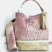 Brahmin Amelia Bucket Top Handle Lilac Whimsy Leather Shoulder Bag+Wallet NWT