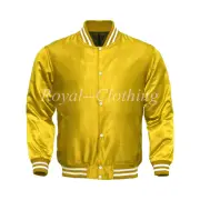 New Men's Varsity Letterman baseball Yellow Bomber Style All Satin Jacket XS~7XL