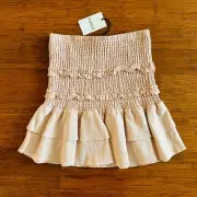 Bardot Mini Skirt Smocked Ruffle Layered Tiered Summer Elastic Waist Band