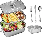 SUTETLW 304 Stainless Steel Bento Box Leakproof 3-Compartment Tray, 1800ml Stainless Steel Lunch Box with Airtight Valve Handle, Including Utensil Set (Fork/Knife/Chopsticks) for Travel, Work.