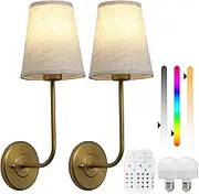Buyee Battery Operated Wall Light Set of 2 Linen Shade Dimmable Sconces Wireless Wall Lamp with Rechargeable Bulbs and Remote Control 12 Lighting Colors for Bedroom Bedside Living Room (Antique)