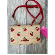 Betsey Johnson Cherry Embroidered Crossbody Bag – Red Strap & Gold Chain